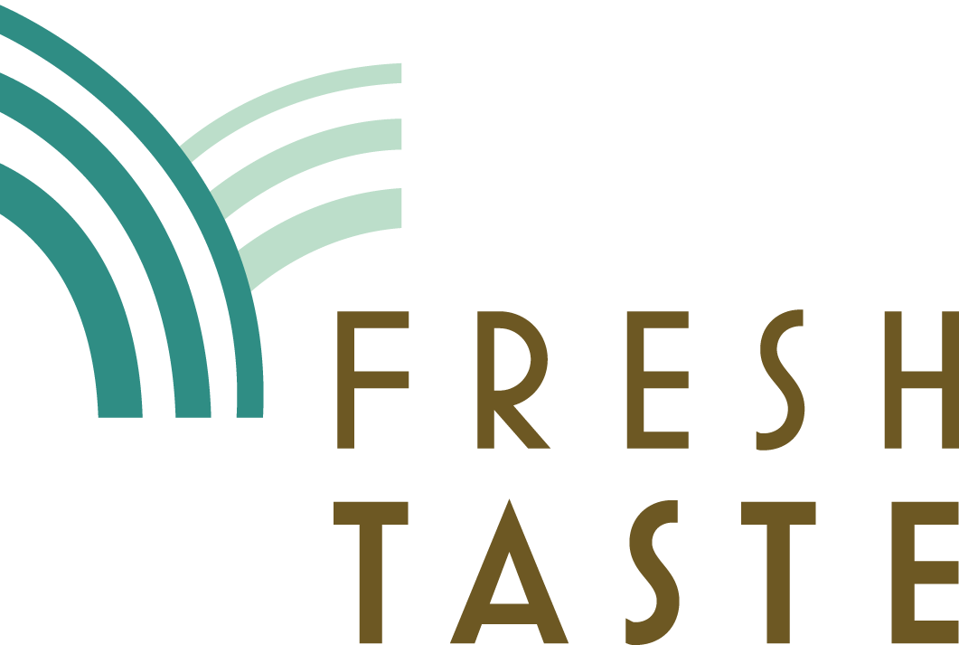 Logo design featuring the words 'Fresh Taste' in brown with stylized, colorful wave elements above.