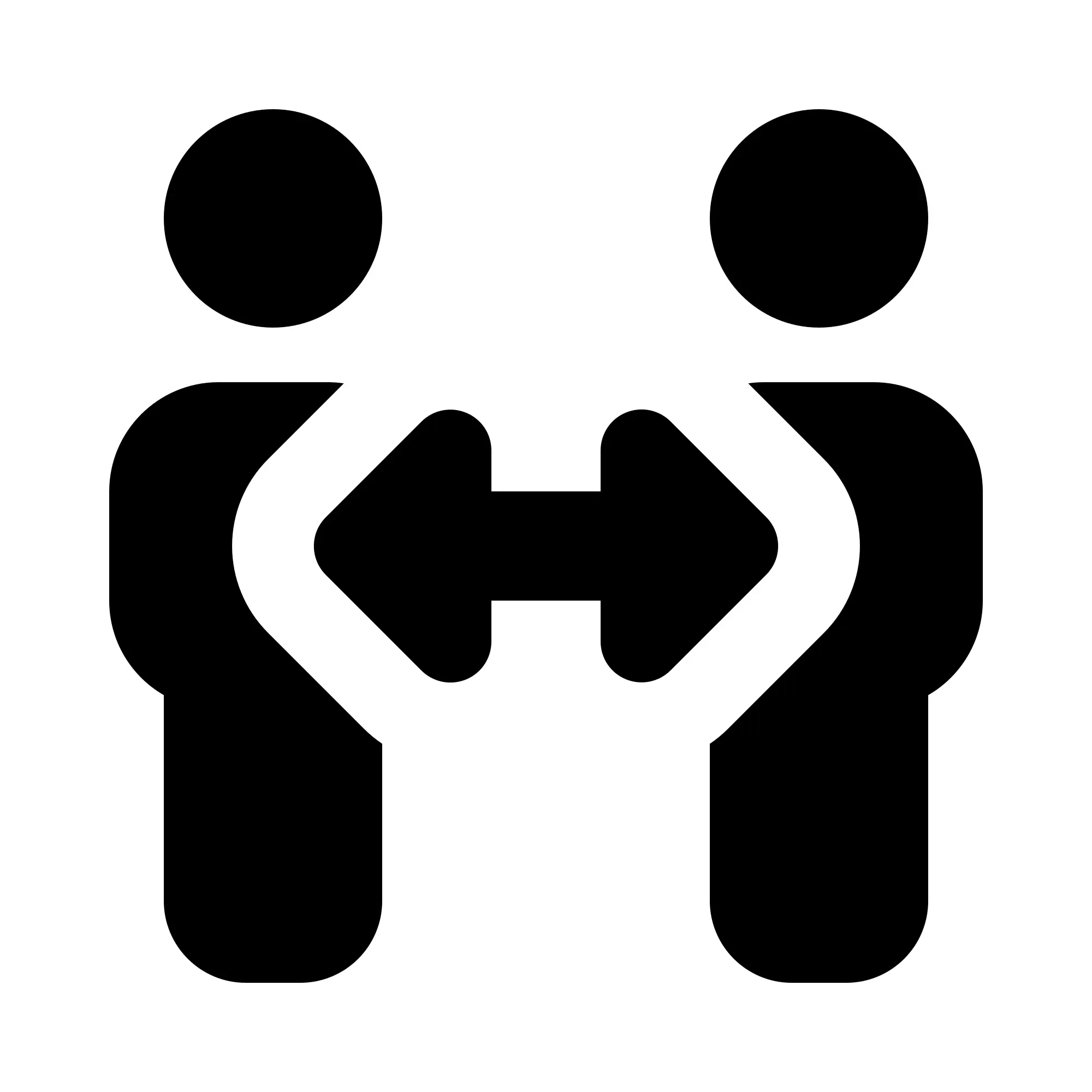 Two stylized figures facing each other, with arrows indicating exchange or interaction between them.